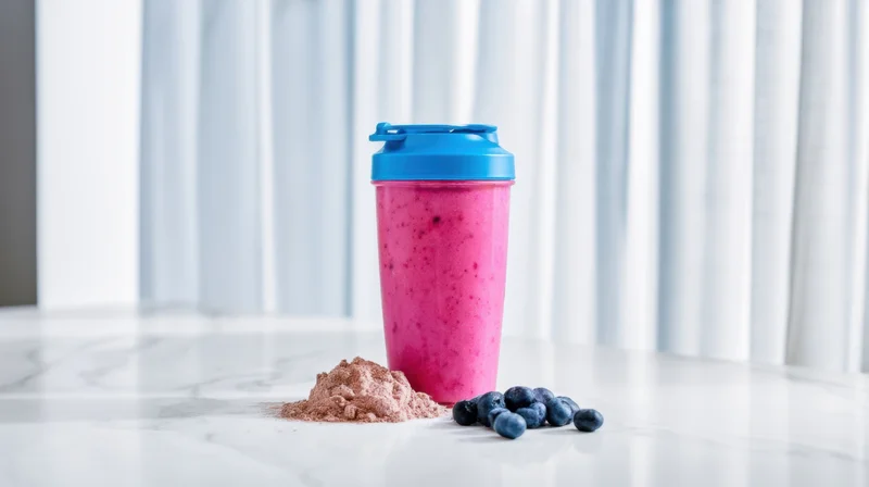 Pink protein shake in a blue-lidded bottle on a marble countertop with blueberries and powder beside it