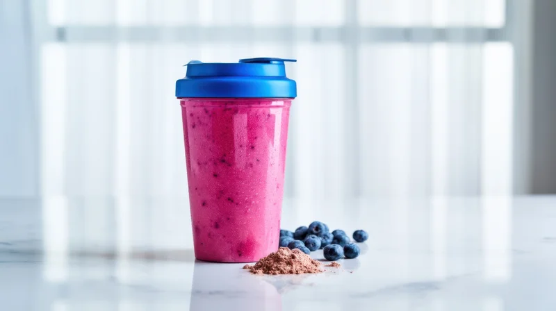 Pink protein smoothie in a blue-lidded cup beside blueberries and powder on a marble countertop near a window