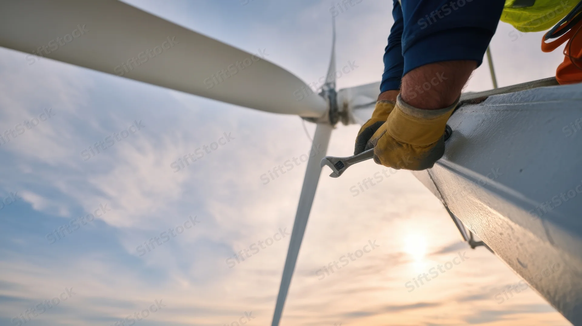 Technician performing maintenance on wind turbine blade at sunset