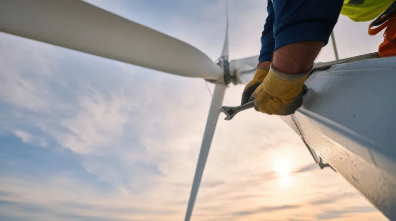 Technician performing maintenance on wind turbine blade at sunset