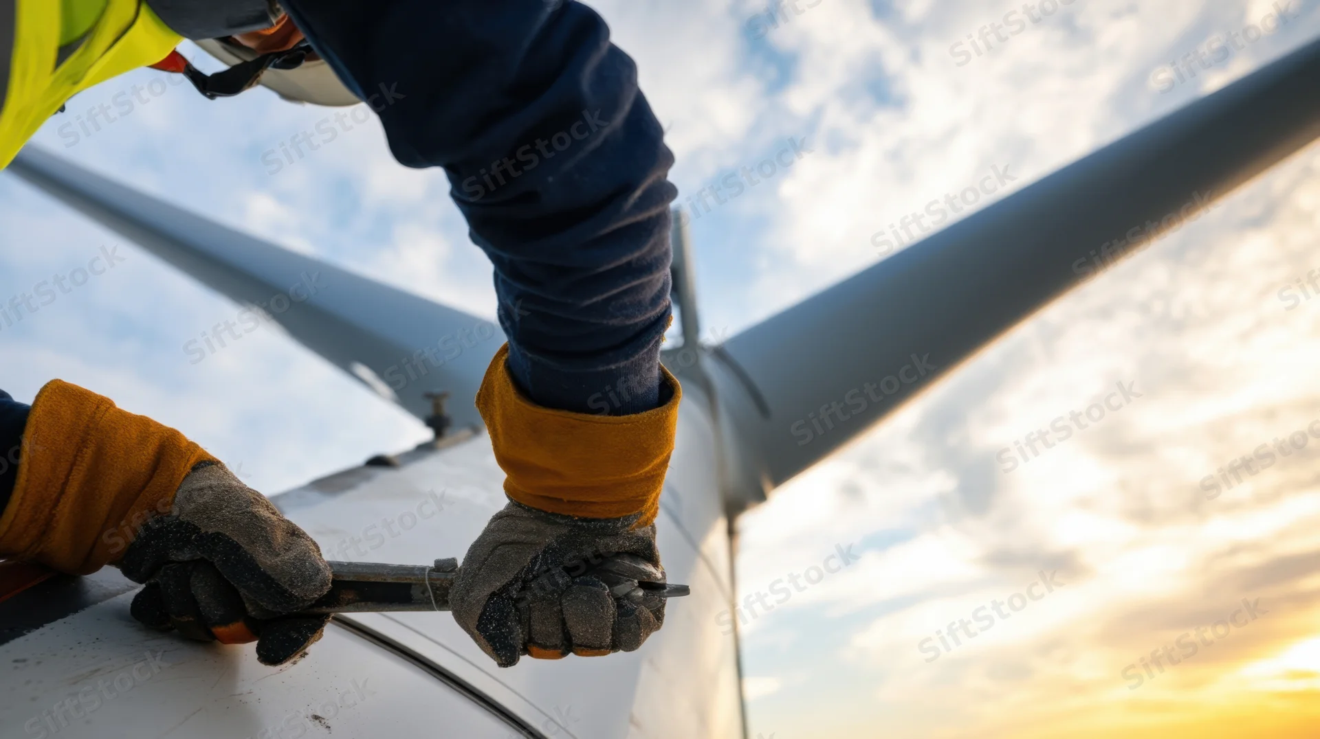Technician performing maintenance on wind turbine blade at sunset