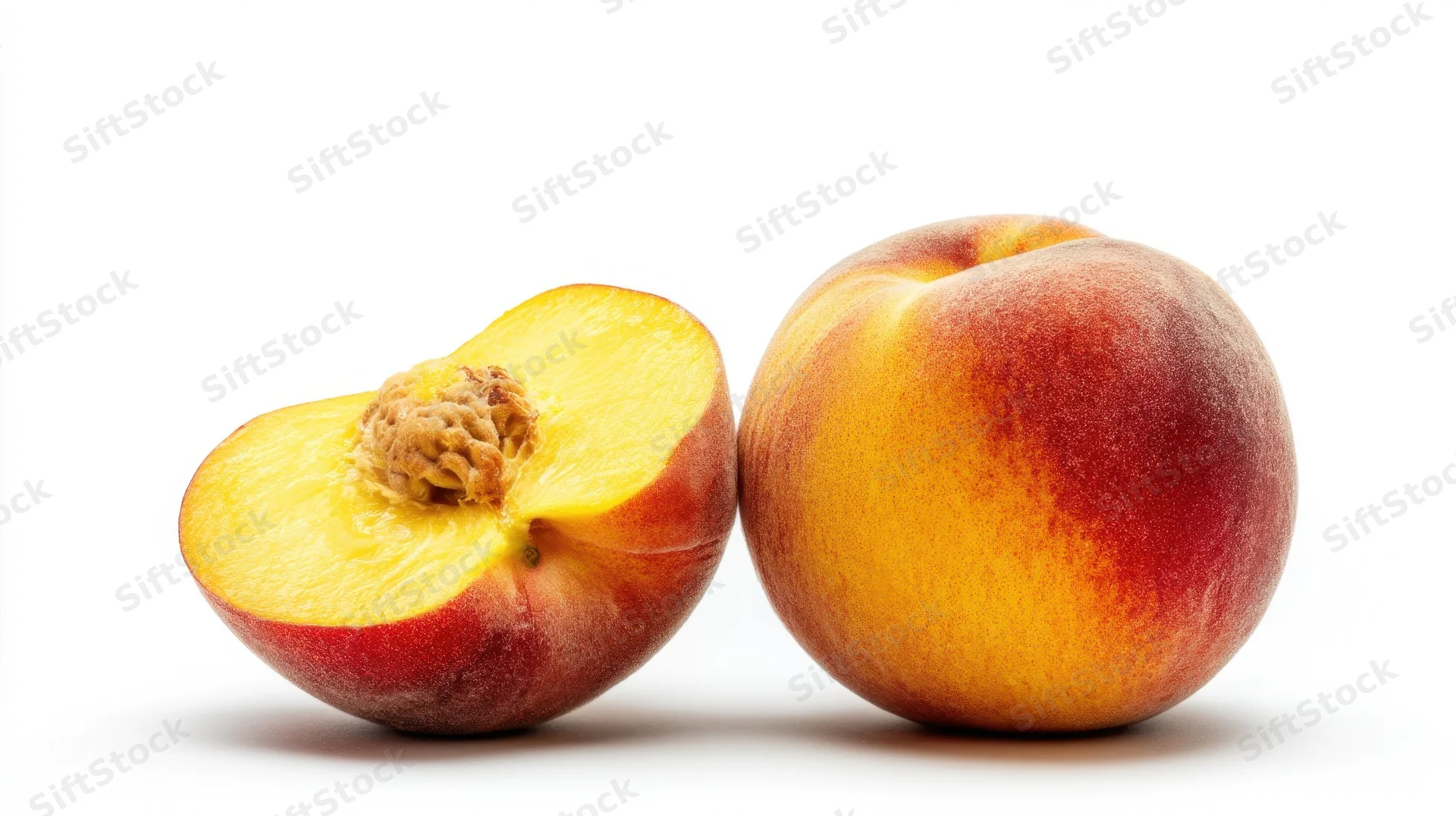 Ripe peach sliced in half next to a whole one on white background