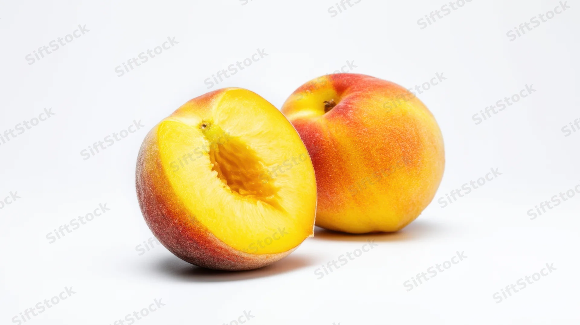 Half and whole ripe peach on white background