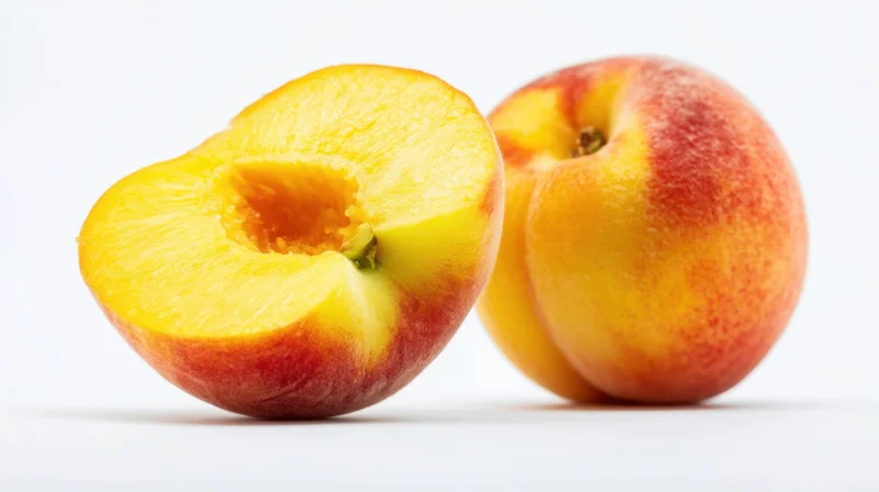 Sliced and whole ripe peach on white background