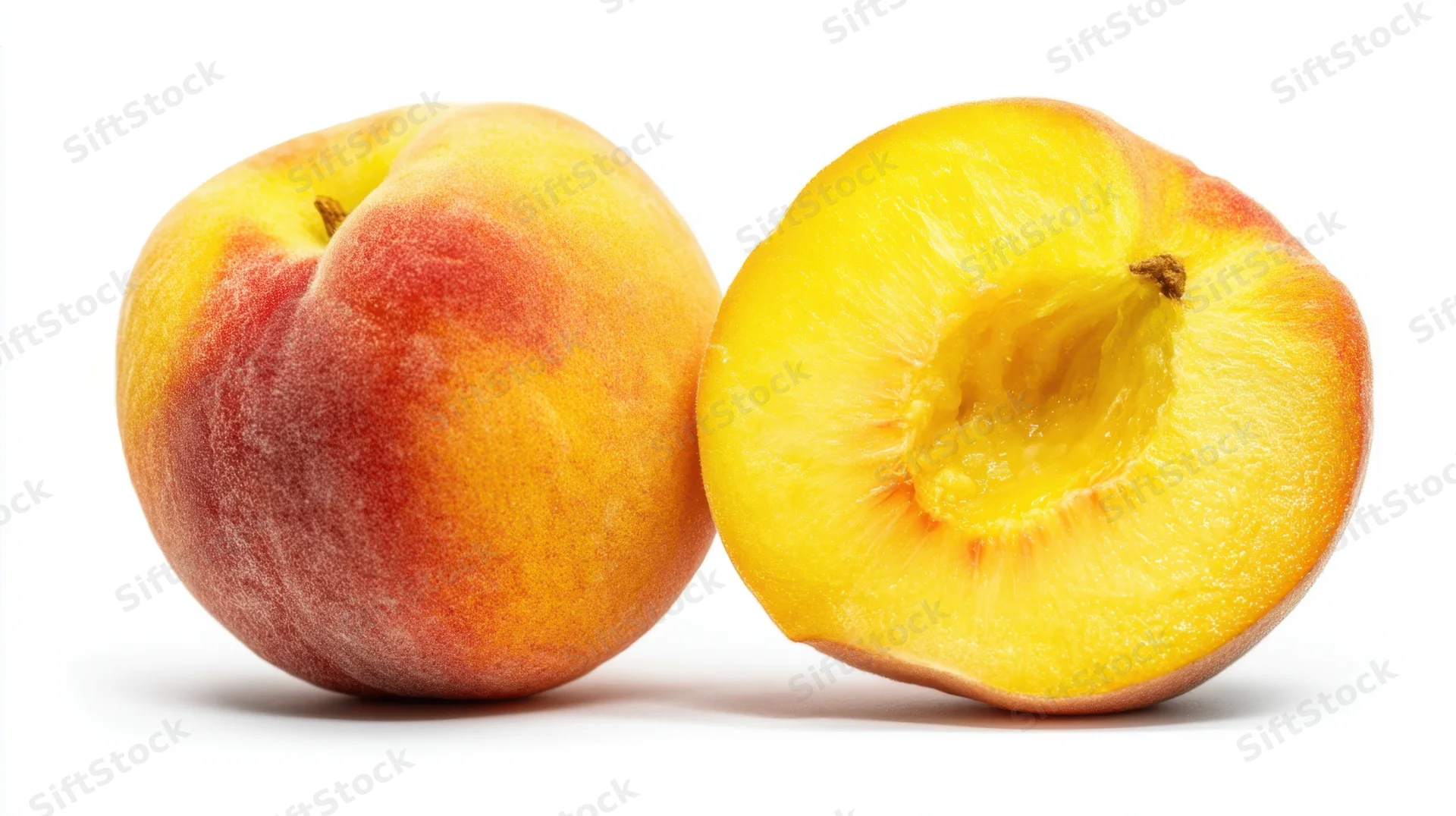 Whole and halved ripe peach on white background