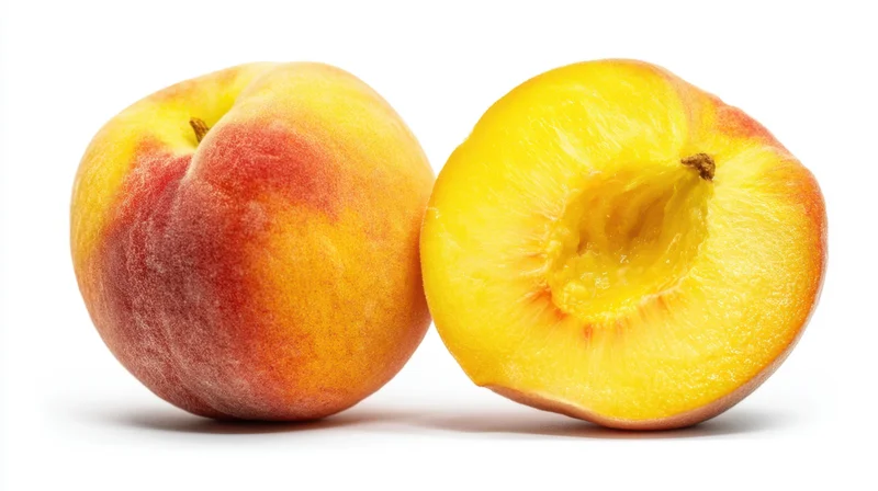 Whole and halved ripe peach on white background