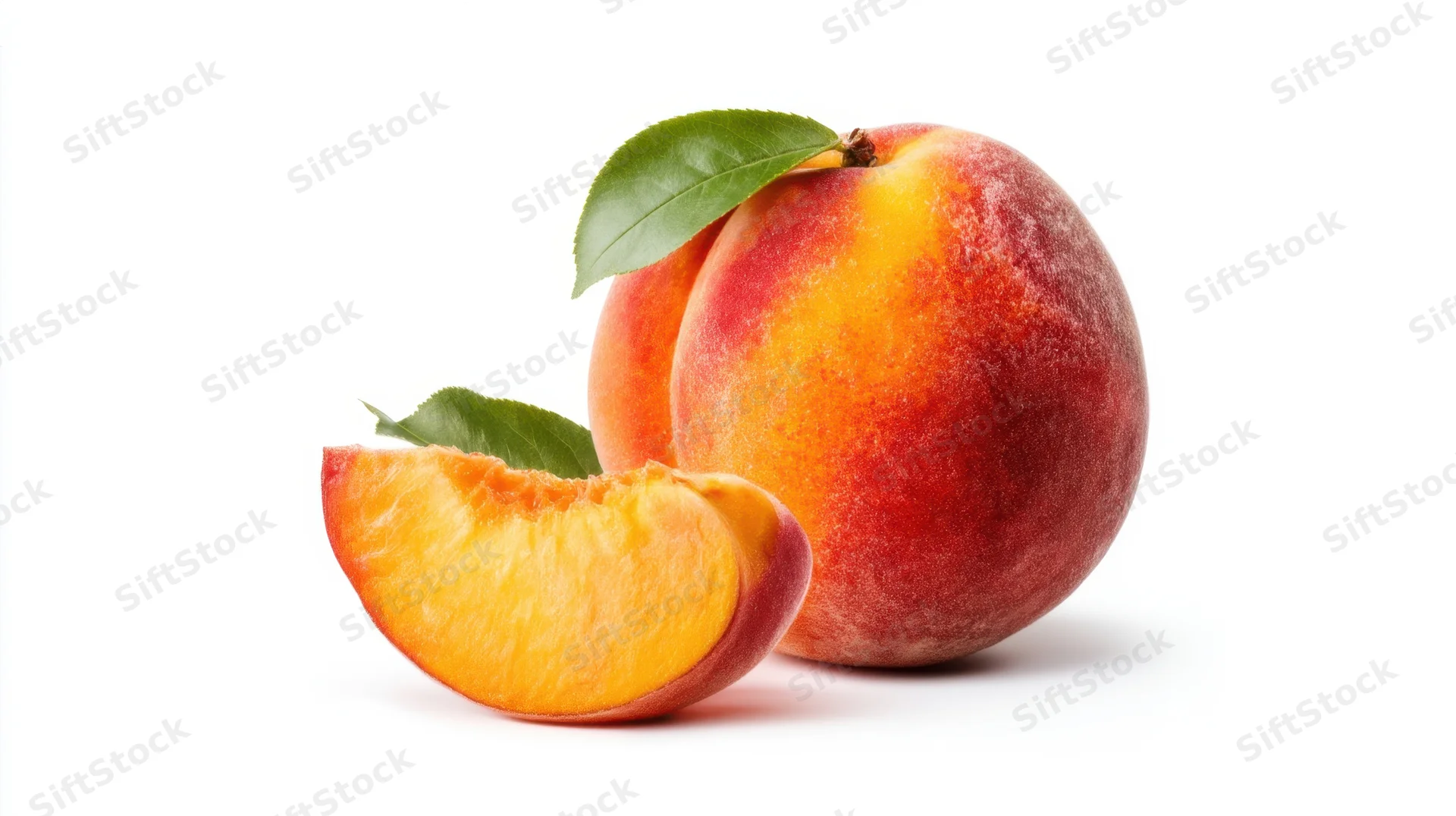 Whole and sliced ripe peach with green leaf on white background
