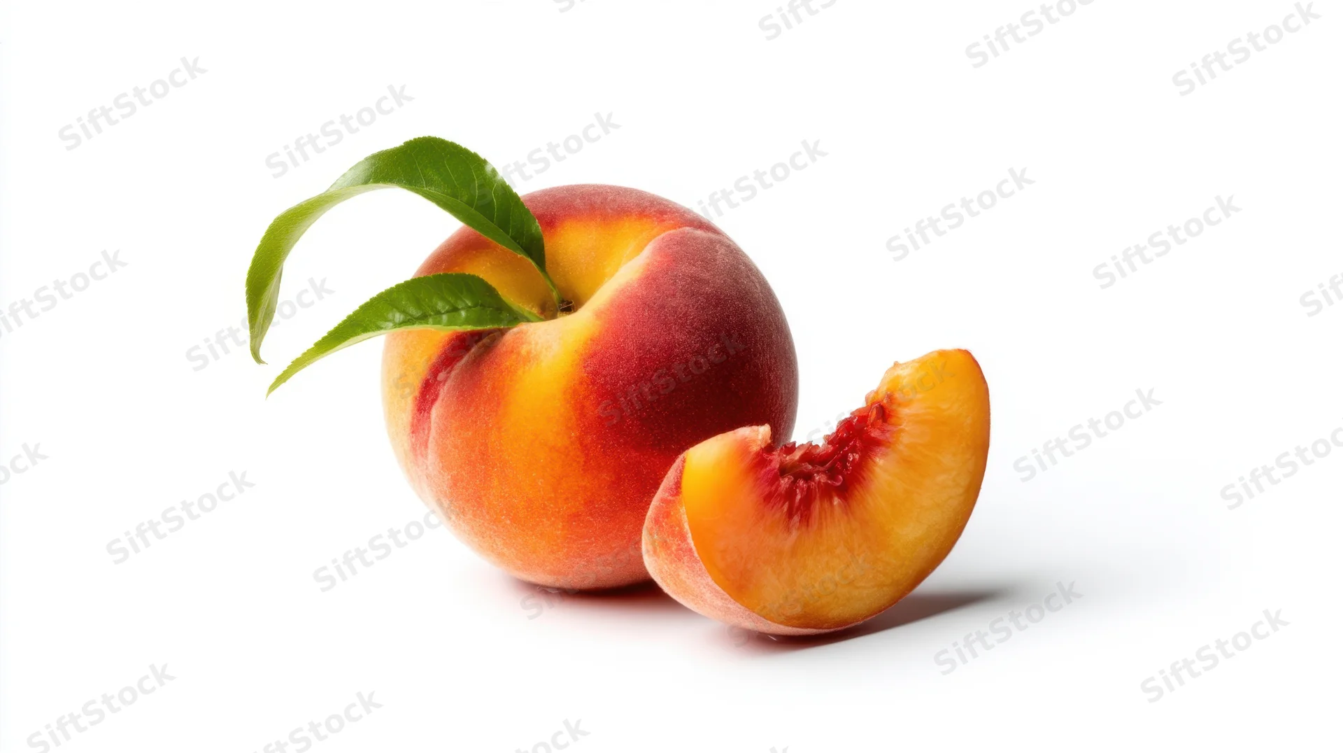 Whole ripe peach with a slice and green leaf on white background