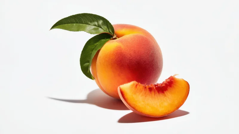 Ripe peach with a slice and green leaf on white background