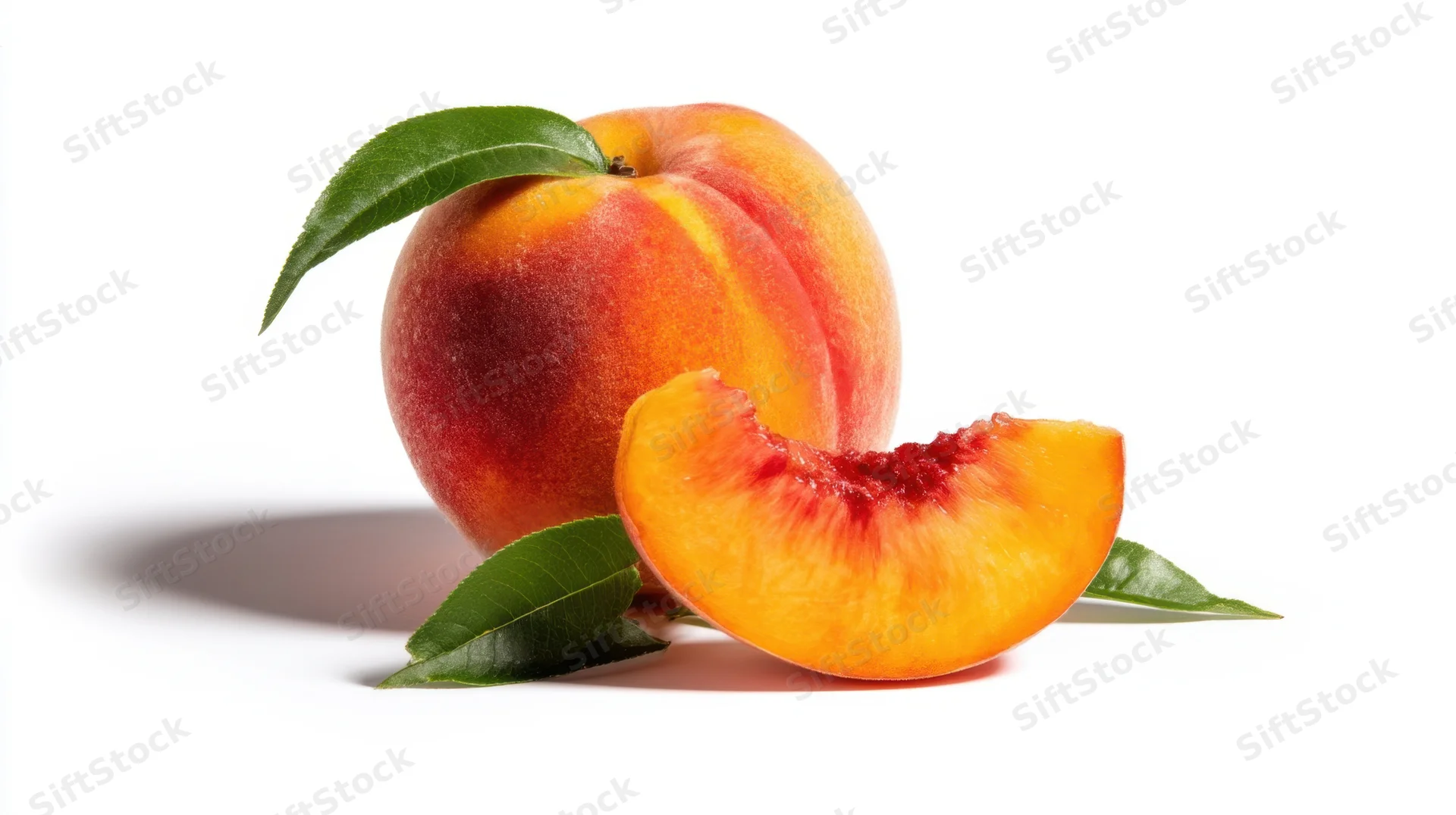 Whole and sliced ripe peach with green leaves on white background