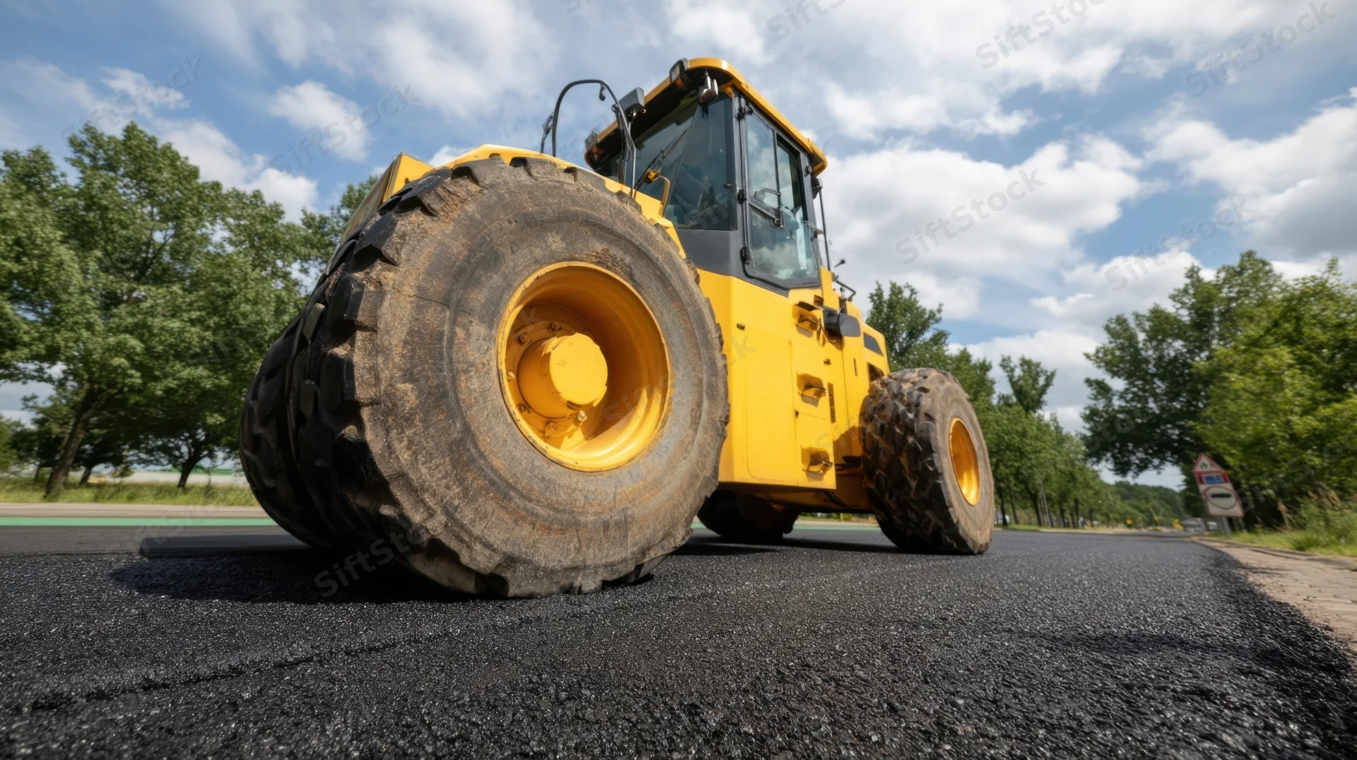 Yellow road roller compacting fresh asphalt on a paved road under a blue sky with trees along the roadside