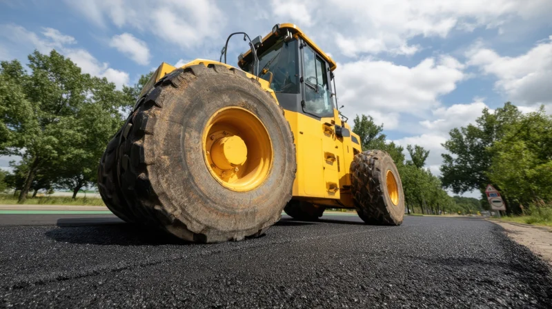Yellow road roller compacting fresh asphalt on a paved road under a blue sky with trees along the roadside