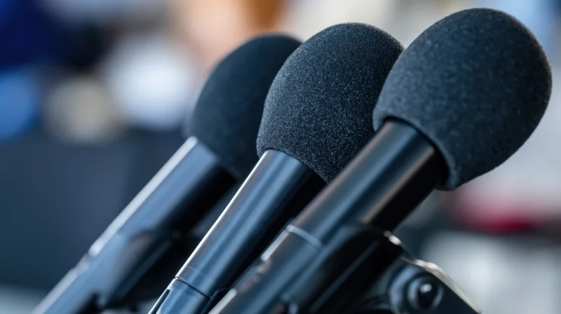 Three microphones with foam covers arranged in a row on a stand, ready for a press event