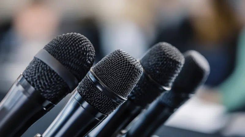 Row of black microphones arranged in a line for a live event or press conference