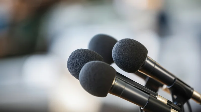 Closeup of four microphones arranged in a row on stands with blurred background