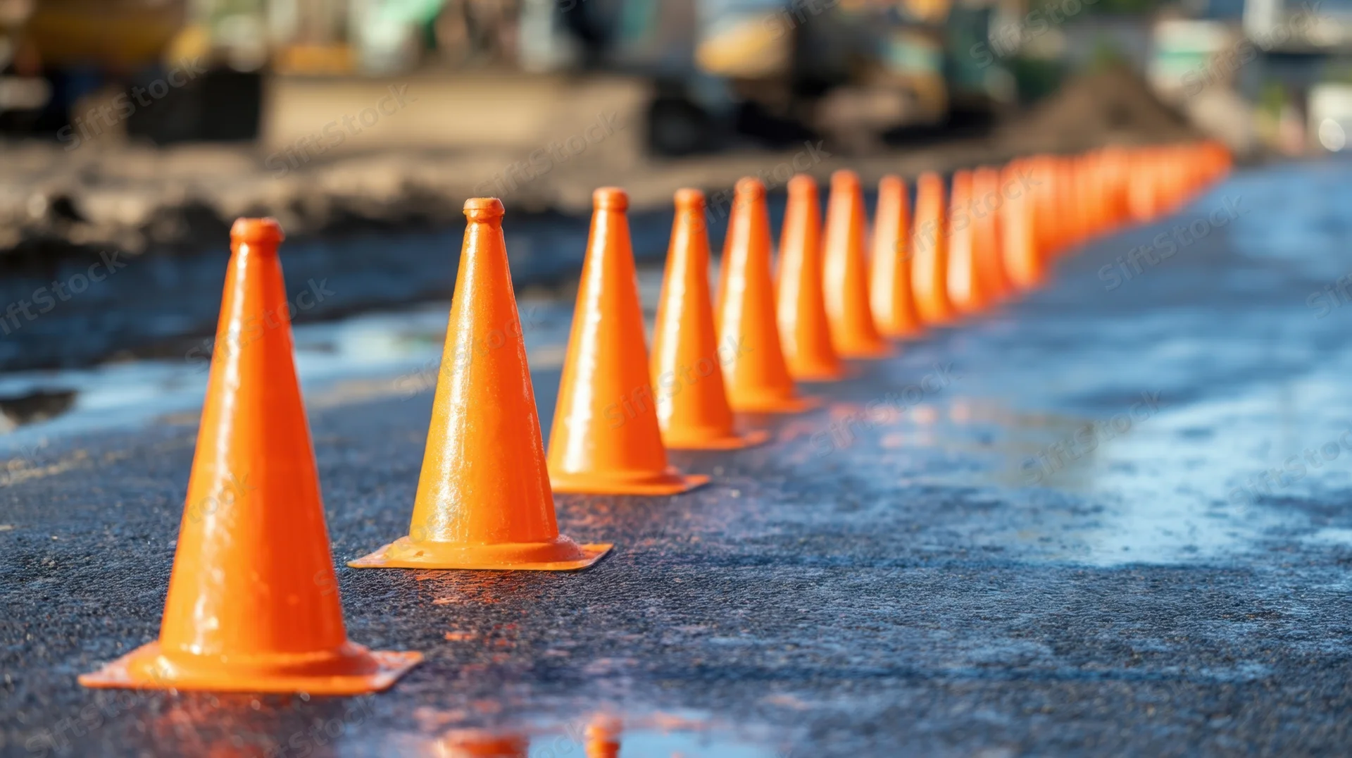 Row of orange traffic cones aligned on wet asphalt road surface