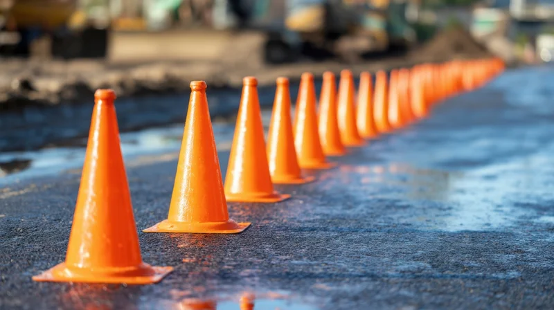 Row of orange traffic cones aligned on wet asphalt road surface