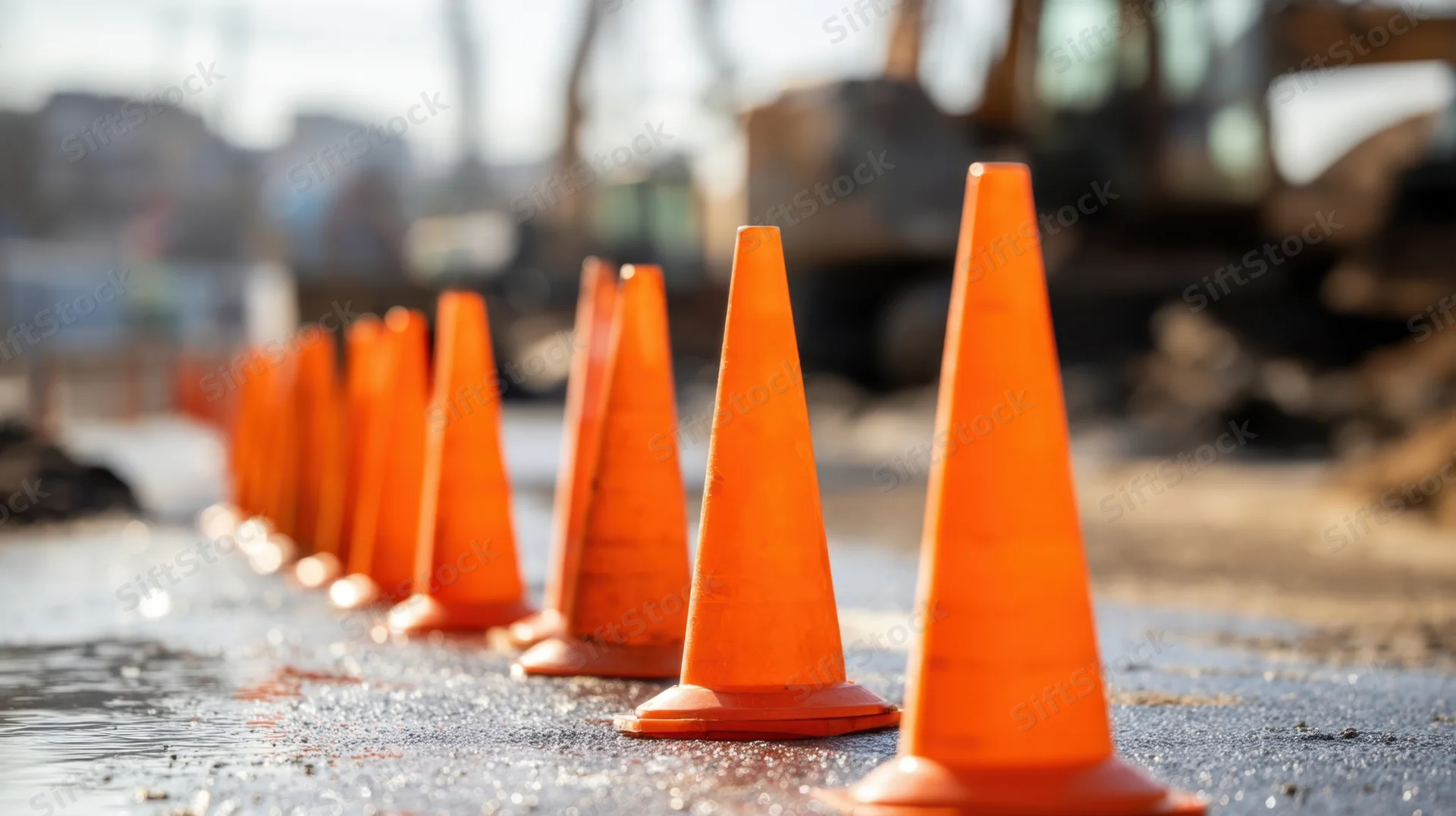 Row of orange traffic cones lined up on wet asphalt at a construction site