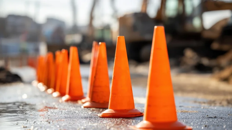 Row of orange traffic cones lined up on wet asphalt at a construction site