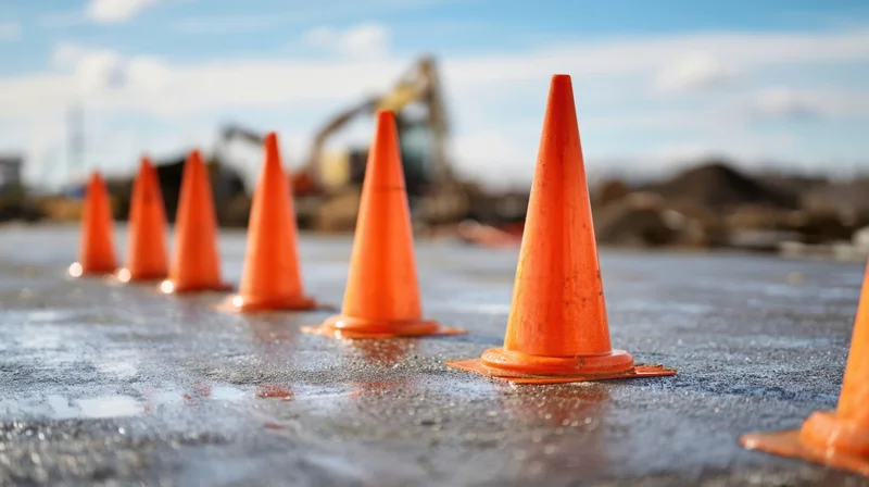 Row of orange traffic cones on wet pavement at construction site