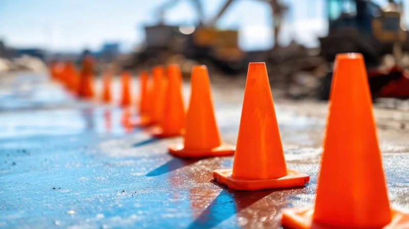 Row of orange traffic cones lined up on wet pavement at a construction site