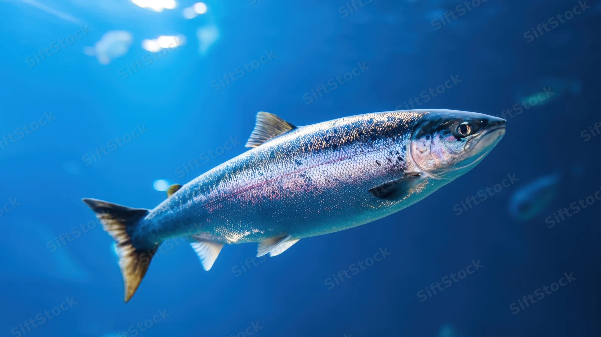 Salmon swimming in deep blue ocean water