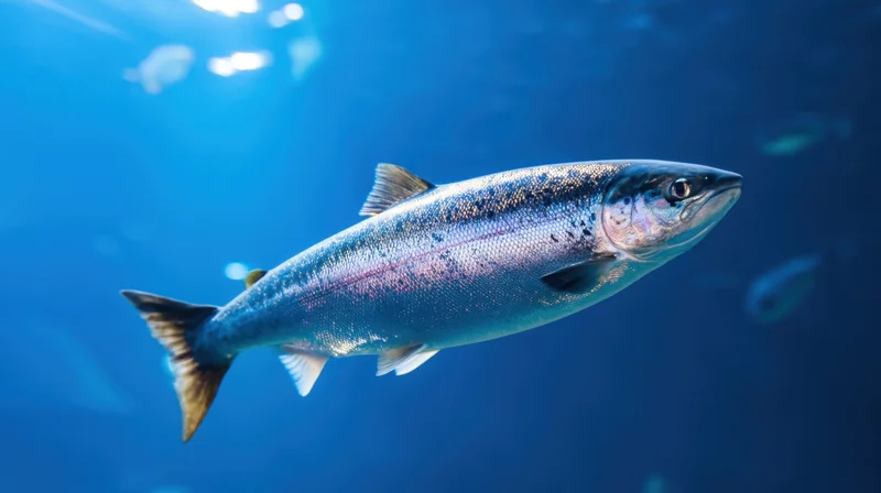 Salmon swimming in deep blue ocean water