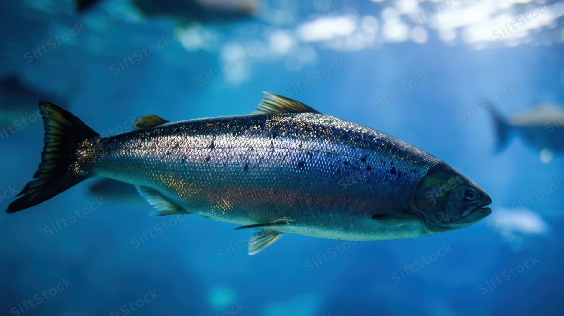 Salmon swimming underwater in clear blue water