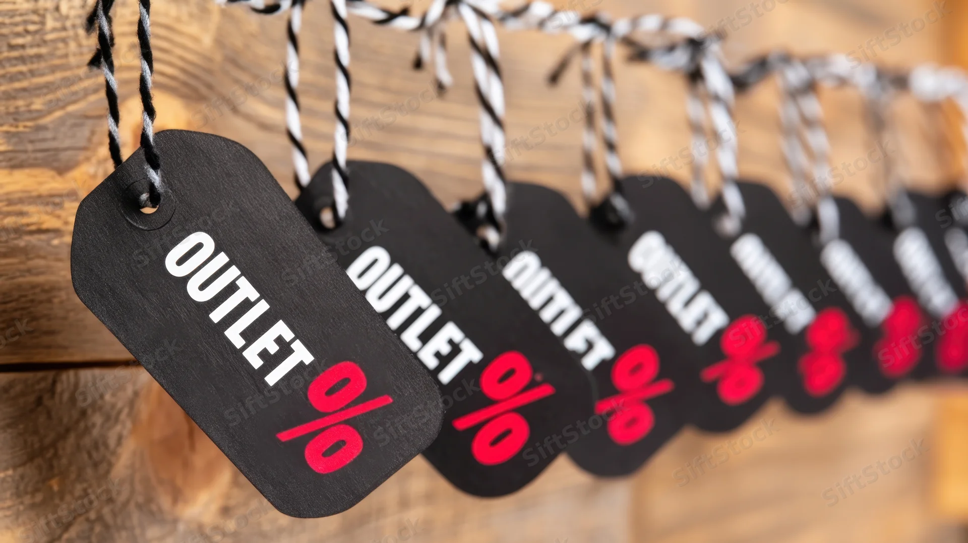 Black outlet discount tags with red percent symbols hanging on twine against a wooden background