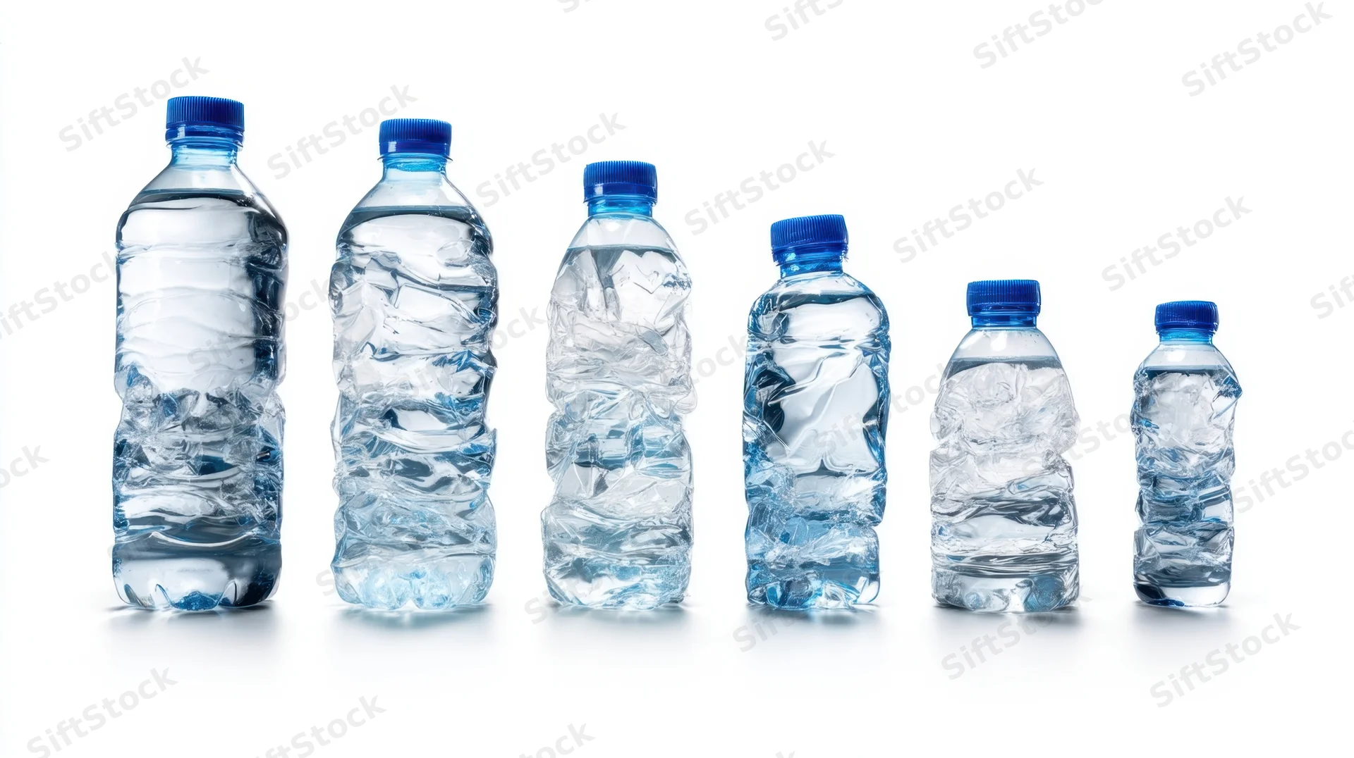 Six plastic water bottles arranged in descending size order on a white background