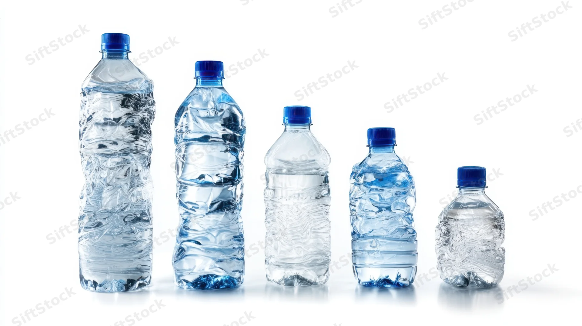 Five plastic water bottles of decreasing size arranged in a row on a white background