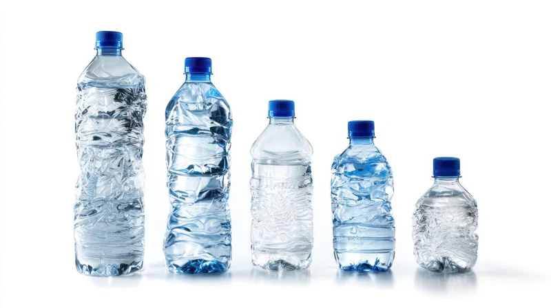 Five plastic water bottles of decreasing size arranged in a row on a white background