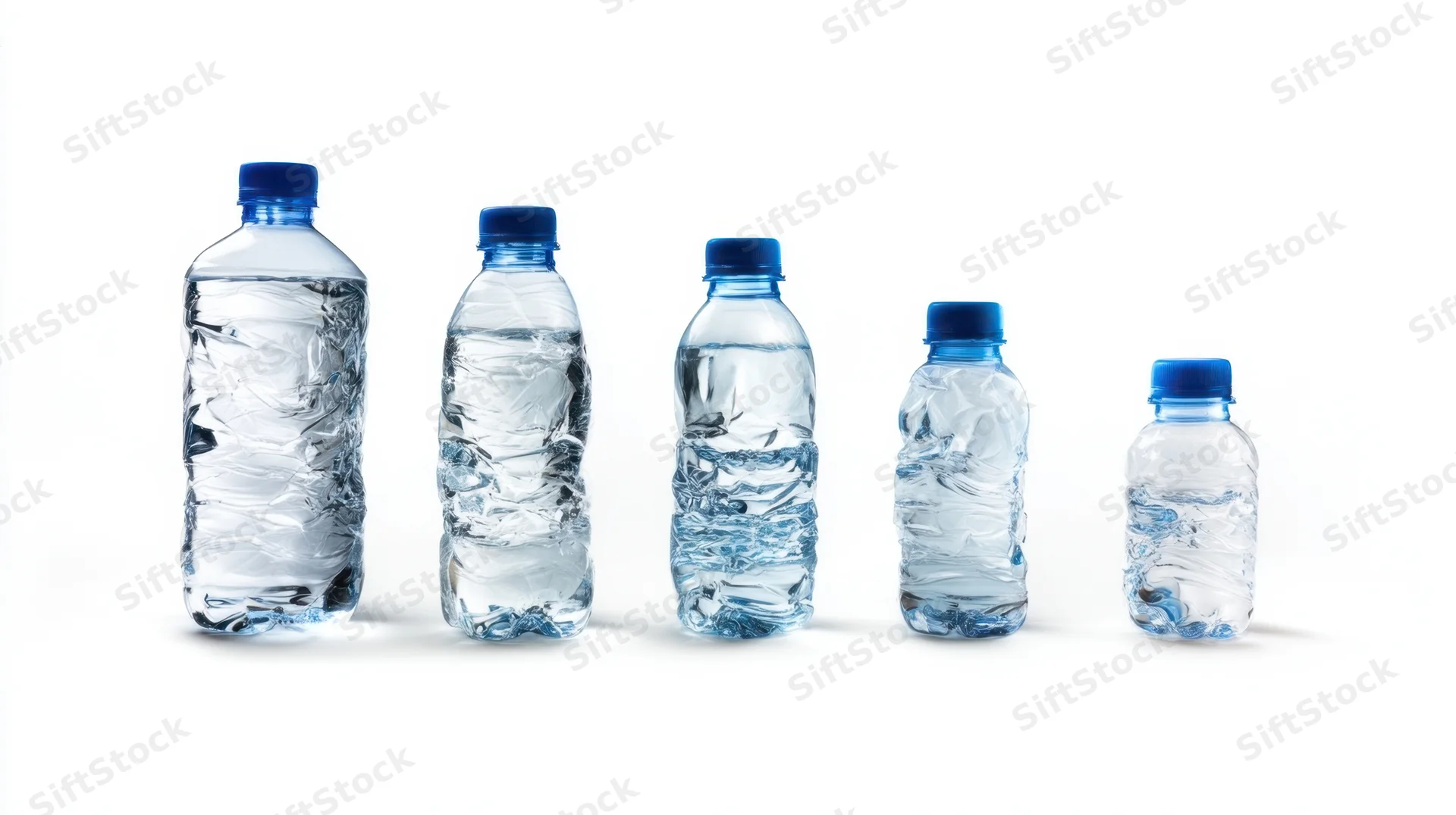 Five plastic water bottles arranged in a row by size on a white background
