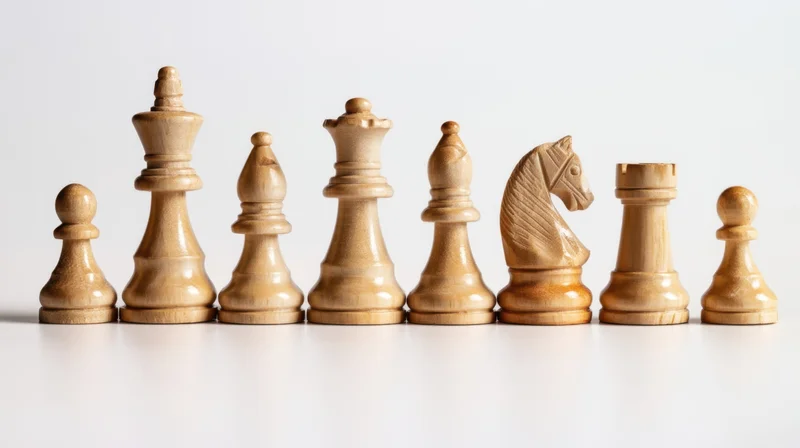 Wooden chess pieces arranged in a row on a white surface