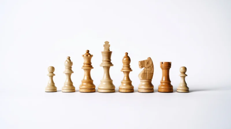 Wooden chess pieces arranged in a row on a white surface