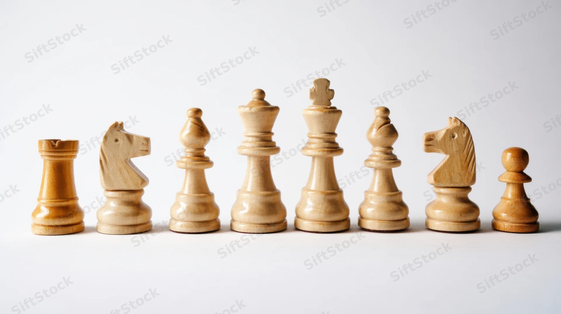 Wooden chess pieces arranged in a row on a white surface