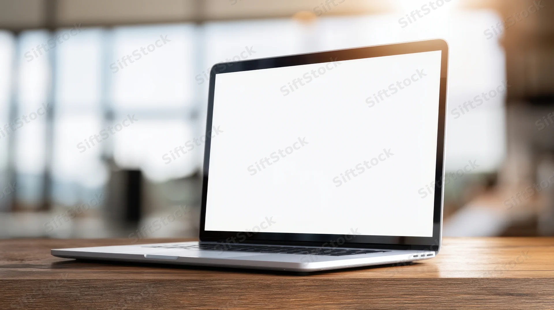 Silver laptop with blank white screen open on wooden desk in office workspace