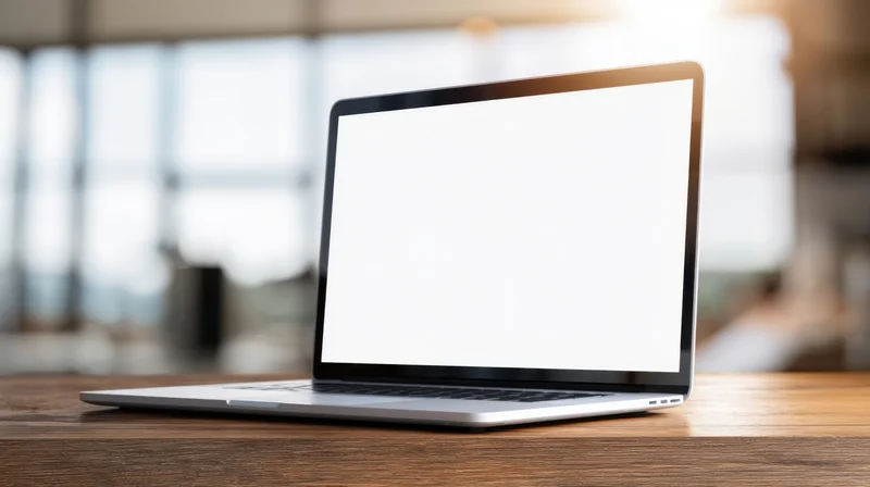 Silver laptop with blank white screen open on wooden desk in office workspace