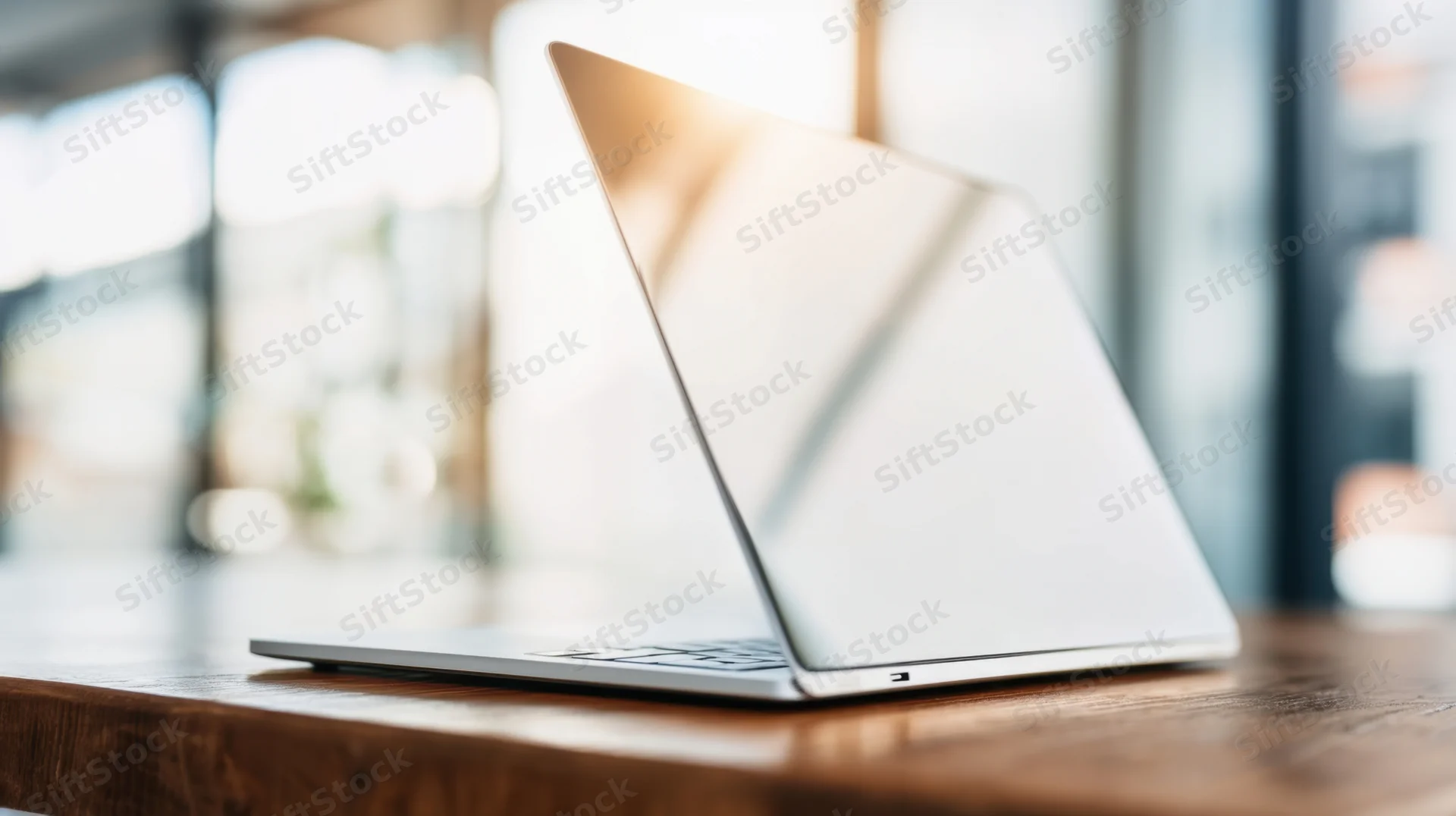 Silver laptop open on wooden desk in bright office space