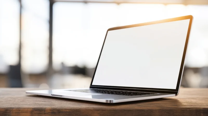 Silver laptop with blank white screen on wooden desk near window