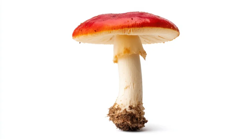 Red-capped mushroom with white stem and soil base isolated on white background