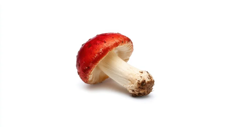 Single red-capped mushroom with white stem and soil on base, isolated on white background