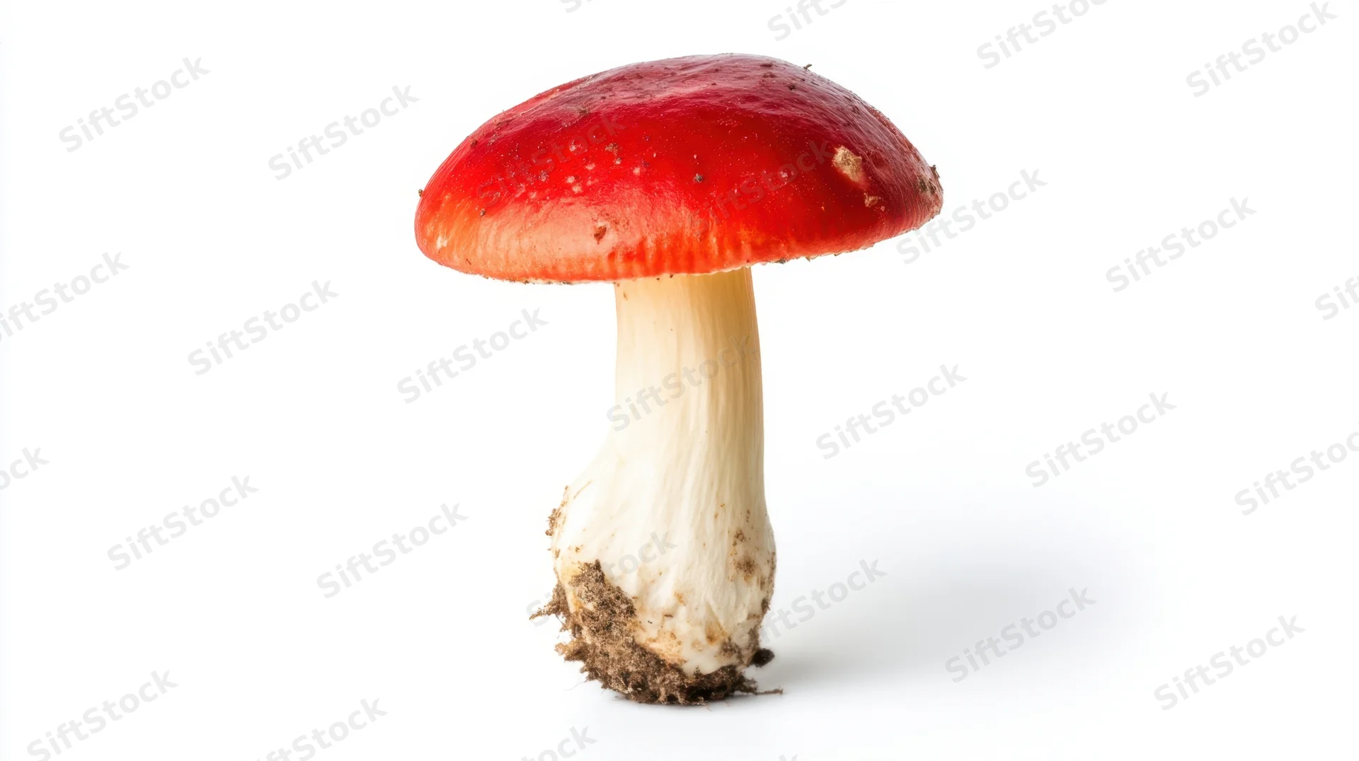 Single red-capped mushroom with white stem and soil at base on white background
