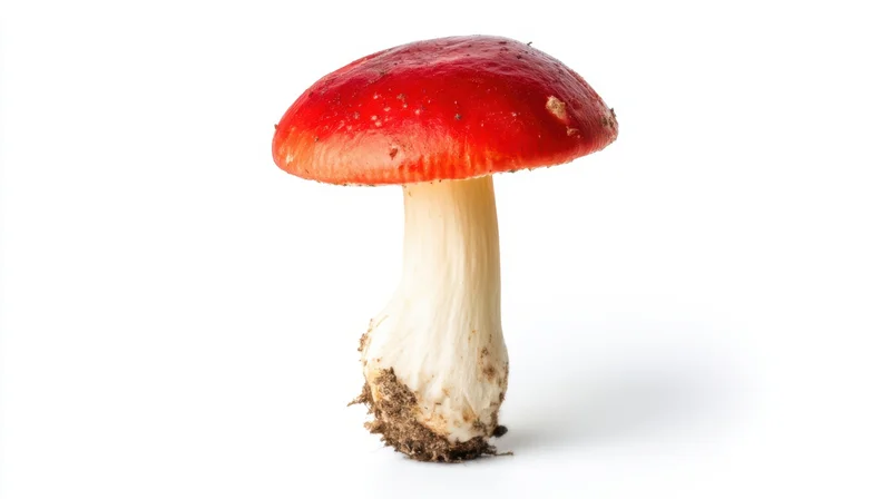 Single red-capped mushroom with white stem and soil at base on white background