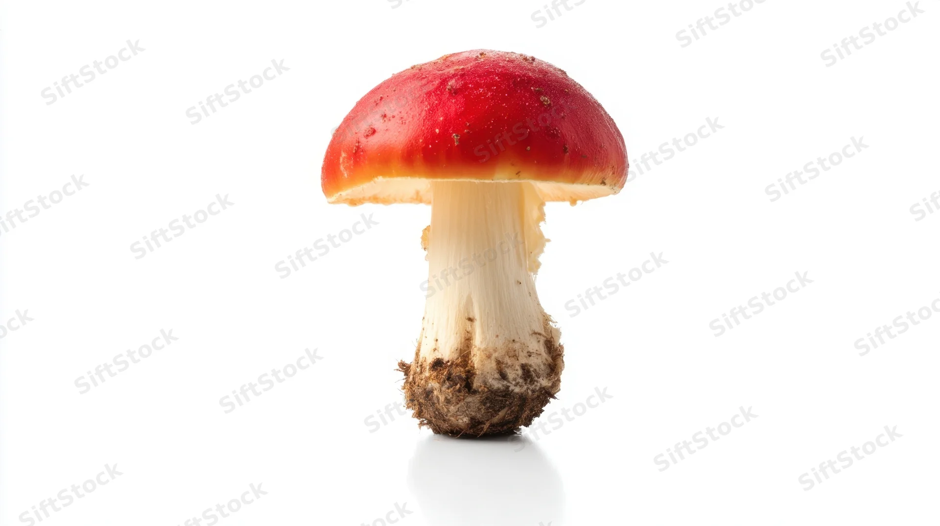 Single red-capped mushroom with white stem and soil base on white background