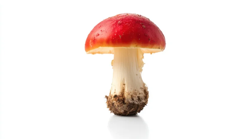 Single red-capped mushroom with white stem and soil base on white background