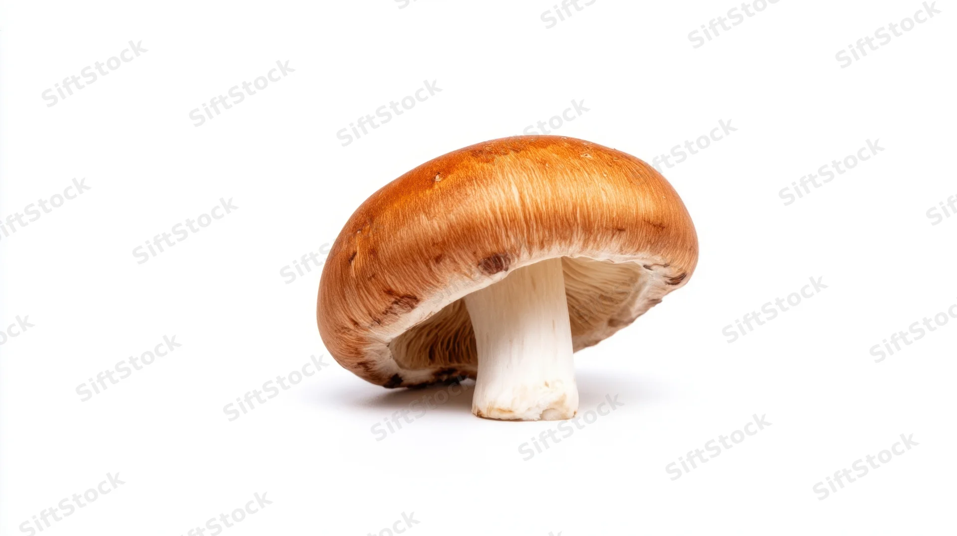 Single mushroom with brown cap and white stem isolated on white background
