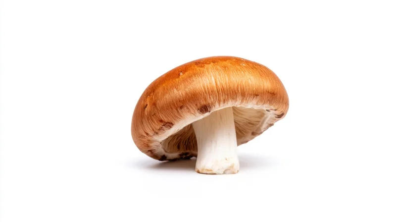 Single mushroom with brown cap and white stem isolated on white background