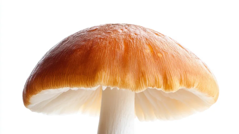 Closeup of a single mushroom with orange cap and white stem isolated on white background