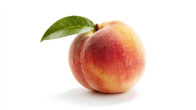 Ripe peach with a green leaf on a white background